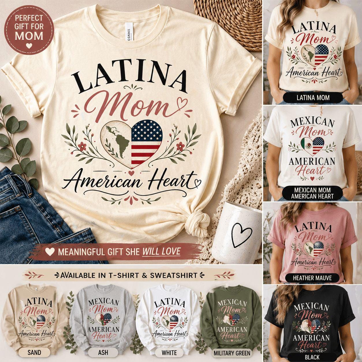 Latina Mom American Heart Shirt, Hispanic Cultural Pride Top
