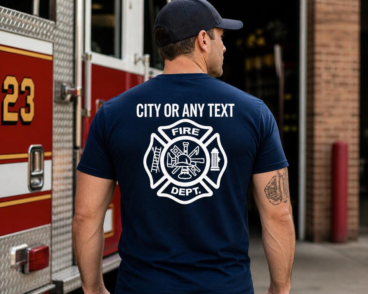 Custom Firefighter Shirt, Personalized City Name Fire Dept Tee, Maltese Cross Graphic Apparel