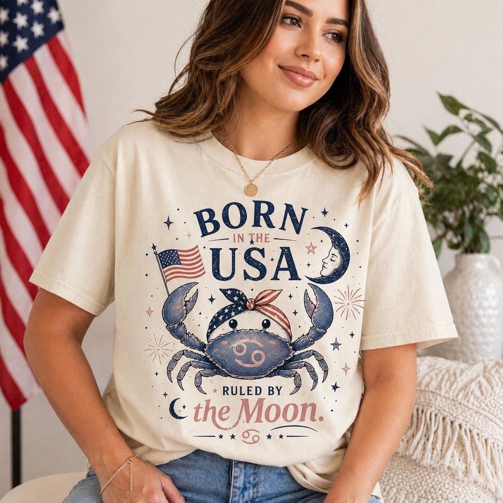 Cancer Zodiac Crab Shirt, Born in USA Patriotic Moon Phase Tee