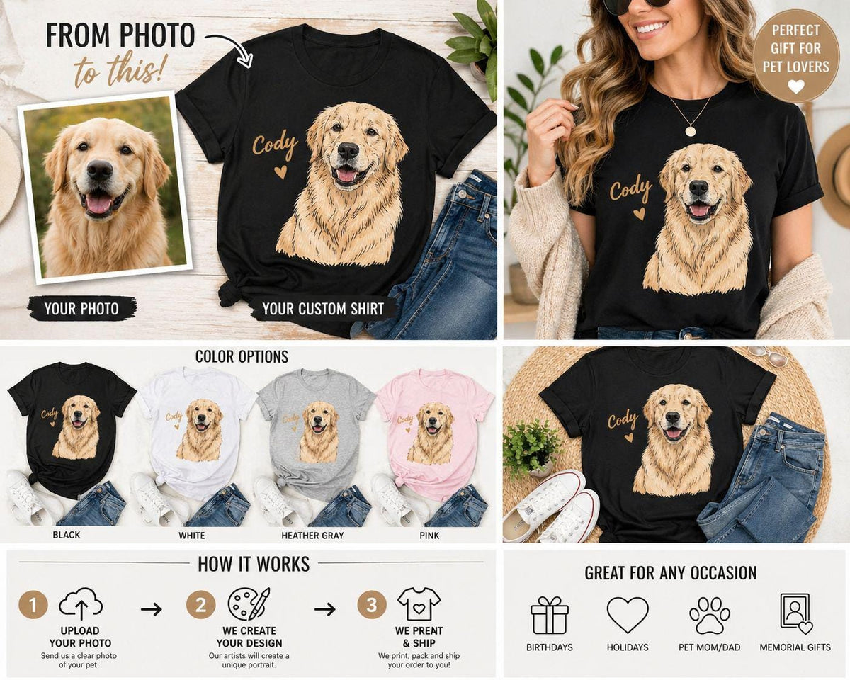 Custom Pet Portrait T-Shirt, Personalized Dog Photo Tee, Pet Lover Apparel