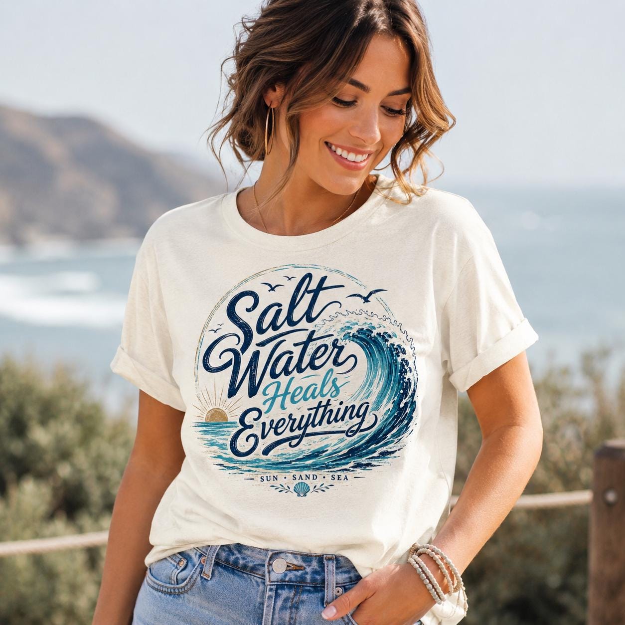 Salt Water Heals Everything Shirt, Ocean Wave Graphic Tee, Beach Vacation Coastal Summer Apparel