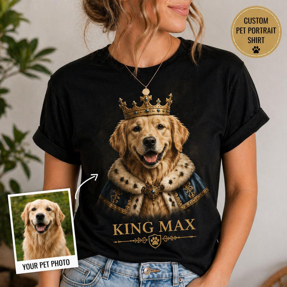 Custom Royal Pet Portrait T-Shirt, Personalized King Dog Tee, Cat Custom Apparel