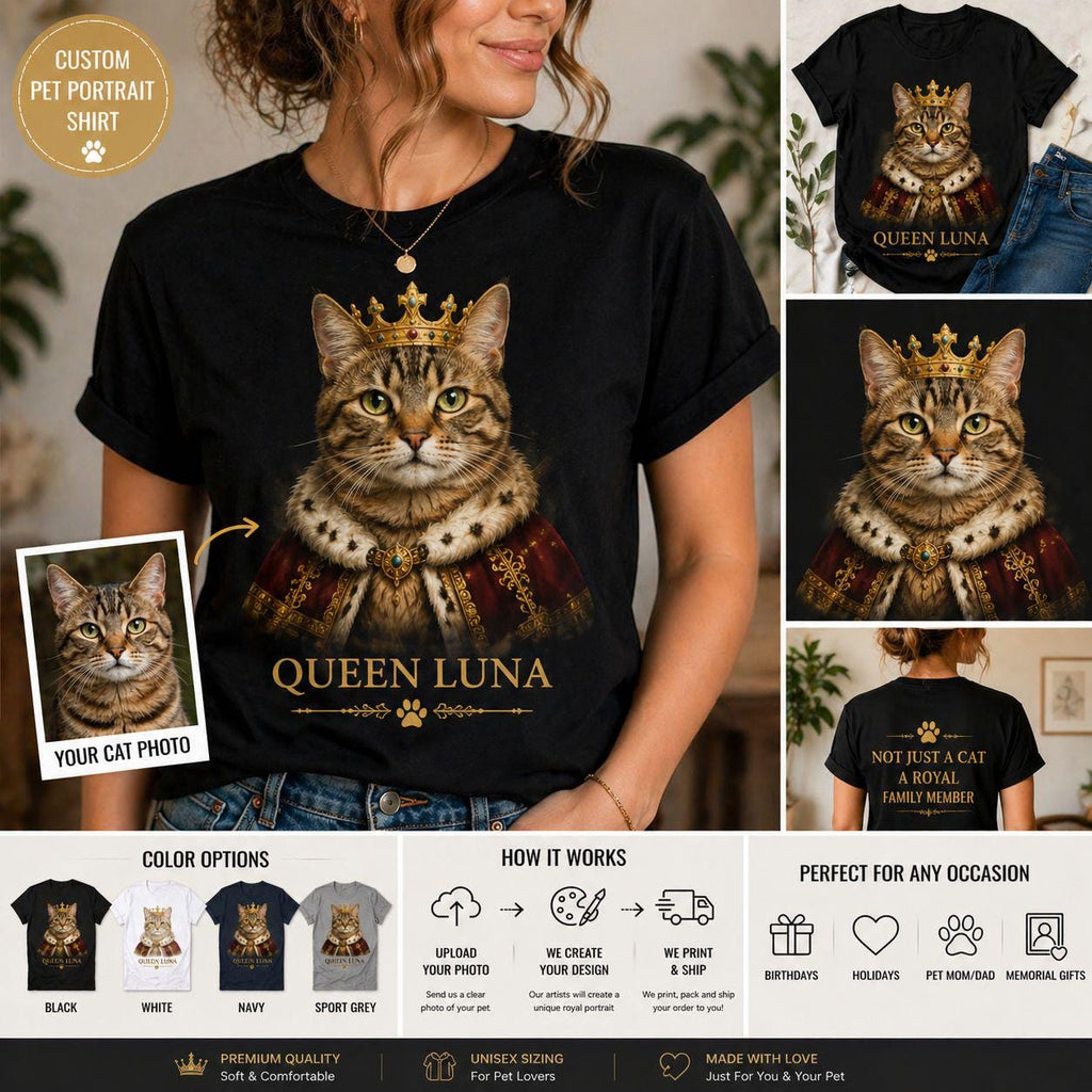 Custom Royal Pet Portrait T-Shirt, Personalized King Dog Tee, Cat Custom Apparel