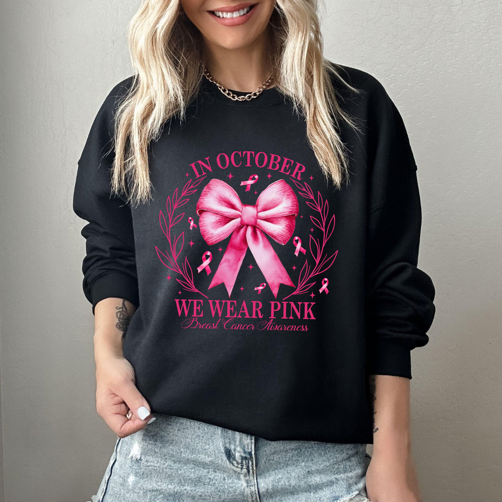 In October We Wear Pink Bow Sweatshirt, Breast Cancer Awareness Sweaater, Halloween Breast Cancer Sweater, Pink Cancer Halloween