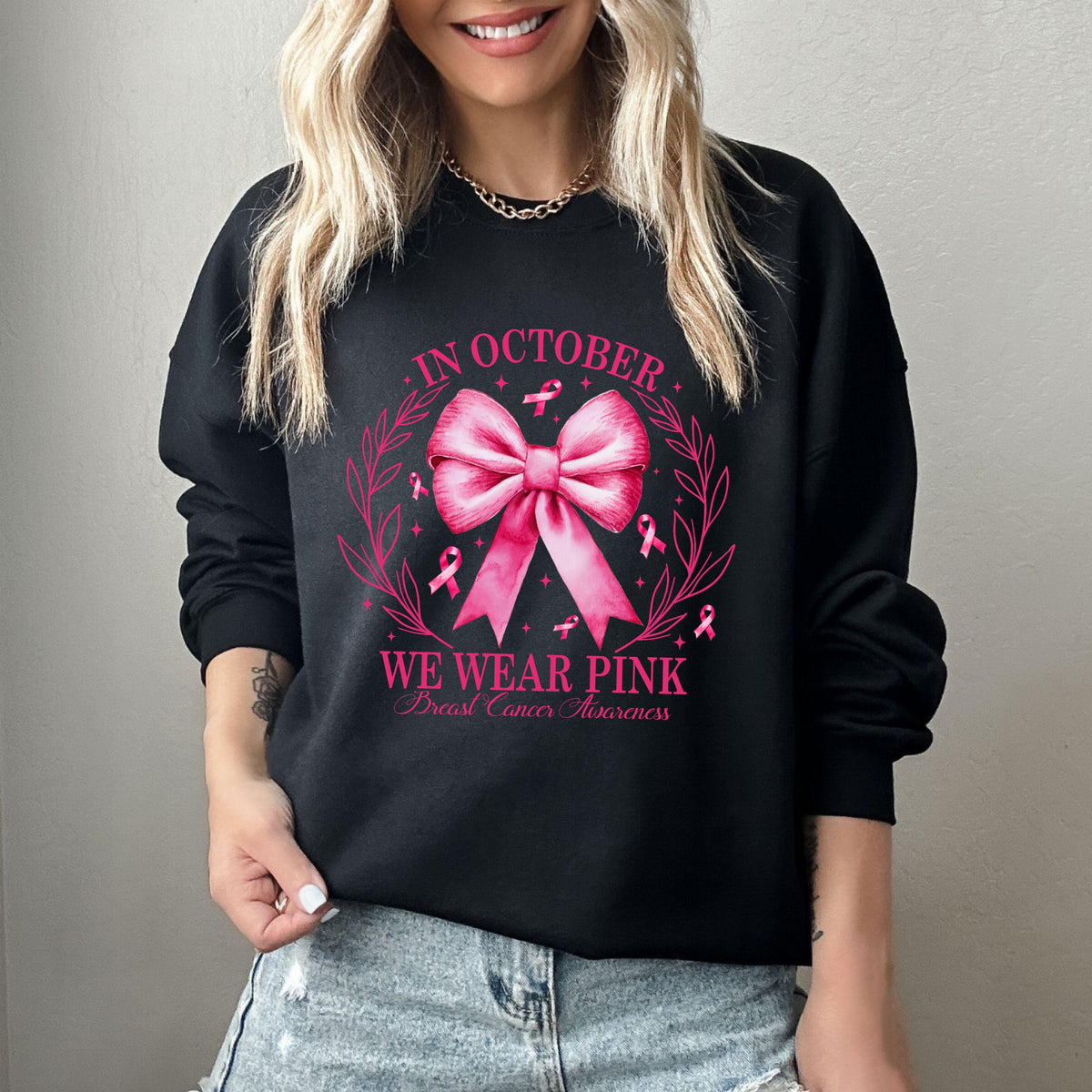 In October We Wear Pink Bow Sweatshirt, Breast Cancer Awareness Sweaater, Halloween Breast Cancer Sweater, Pink Cancer Halloween