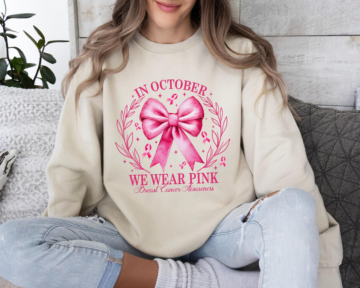In October We Wear Pink Bow Sweatshirt, Breast Cancer Awareness Sweaater, Halloween Breast Cancer Sweater, Pink Cancer Halloween