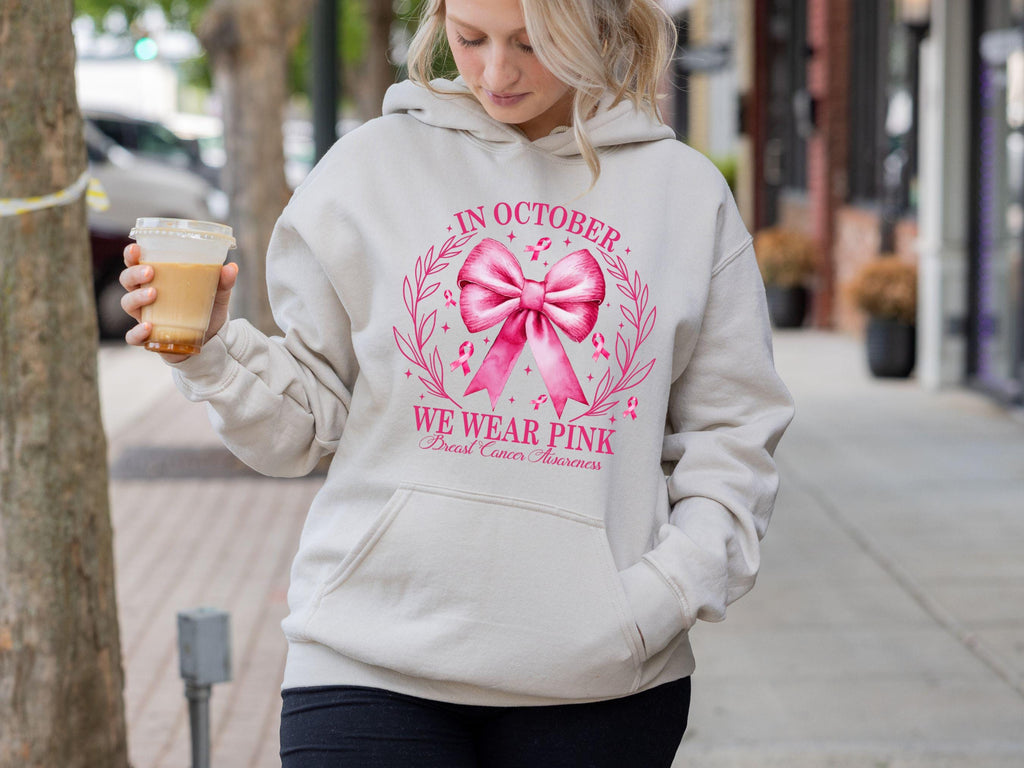 Pink Bow Breast Cancer Awareness Hoodie, October Support, Relaxed Fit (50% Cotton)