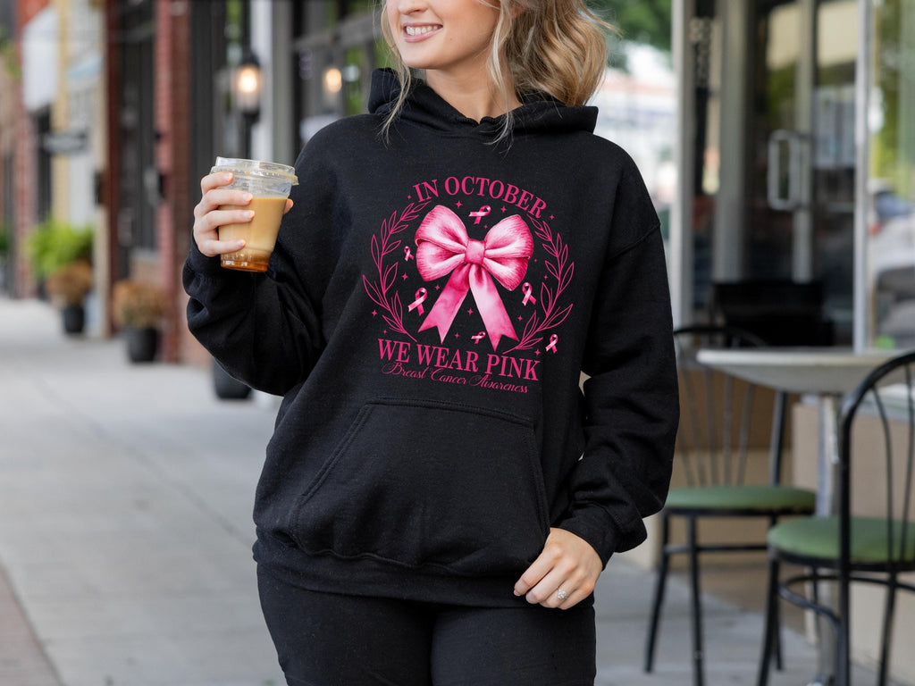 Pink Bow Breast Cancer Awareness Hoodie, October Support, Relaxed Fit (50% Cotton)