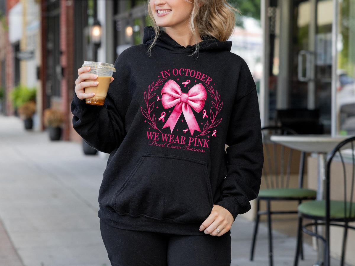 Pink Bow Breast Cancer Awareness Hoodie, October Support, Relaxed Fit (50% Cotton)