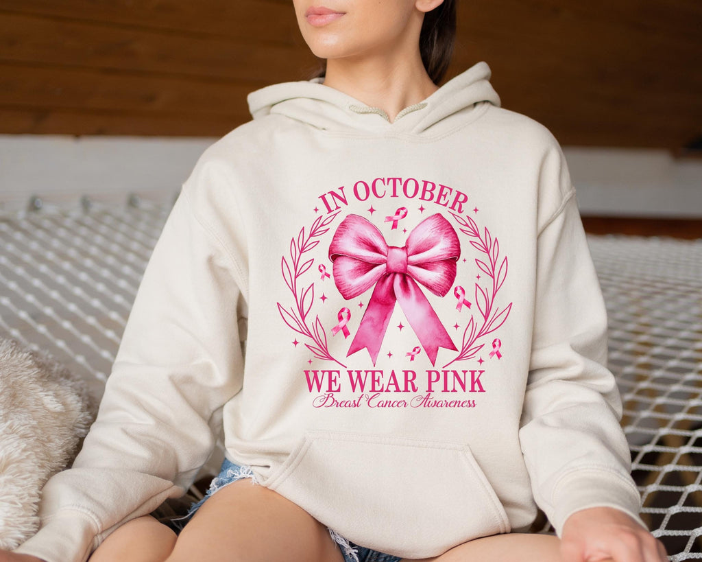 Pink Bow Breast Cancer Awareness Hoodie, October Support, Relaxed Fit (50% Cotton)