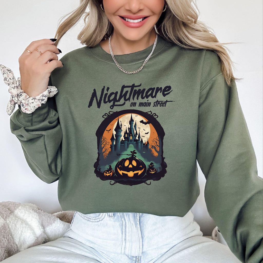 Nightmare On Main Street Sweater, Halloween Hoodies, Monster Sweater, Halloween Crewneck, Scary Halloween Shirts, Cotton Boo Sweatshirt