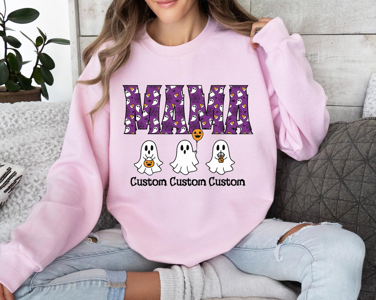 Personalized Halloween Mama Sweatshirt, Custom Family Names, Ghost Pumpkin Design