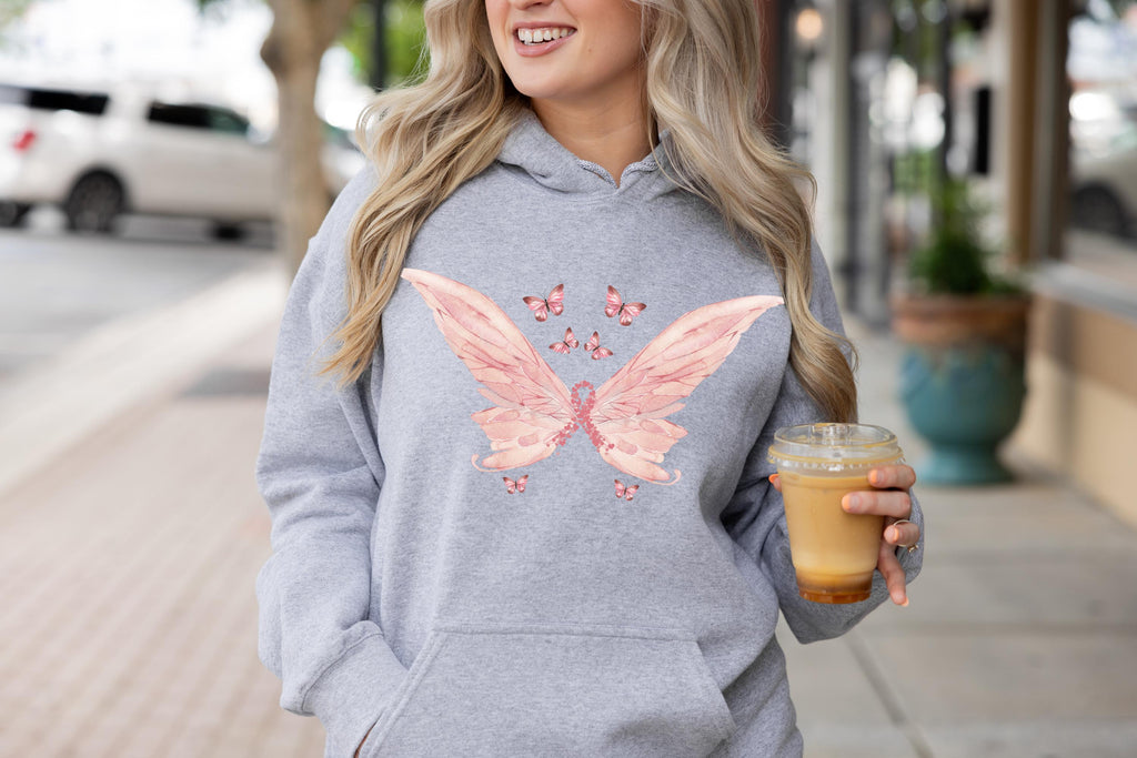 Cancer Awareness Hoodie, Butterfly Hoodie, Pink Awareness Hoodie, Pink Fairy Tee, Fairy Vibe Women Shirt, Coquette Tee, Cancer Hoodie