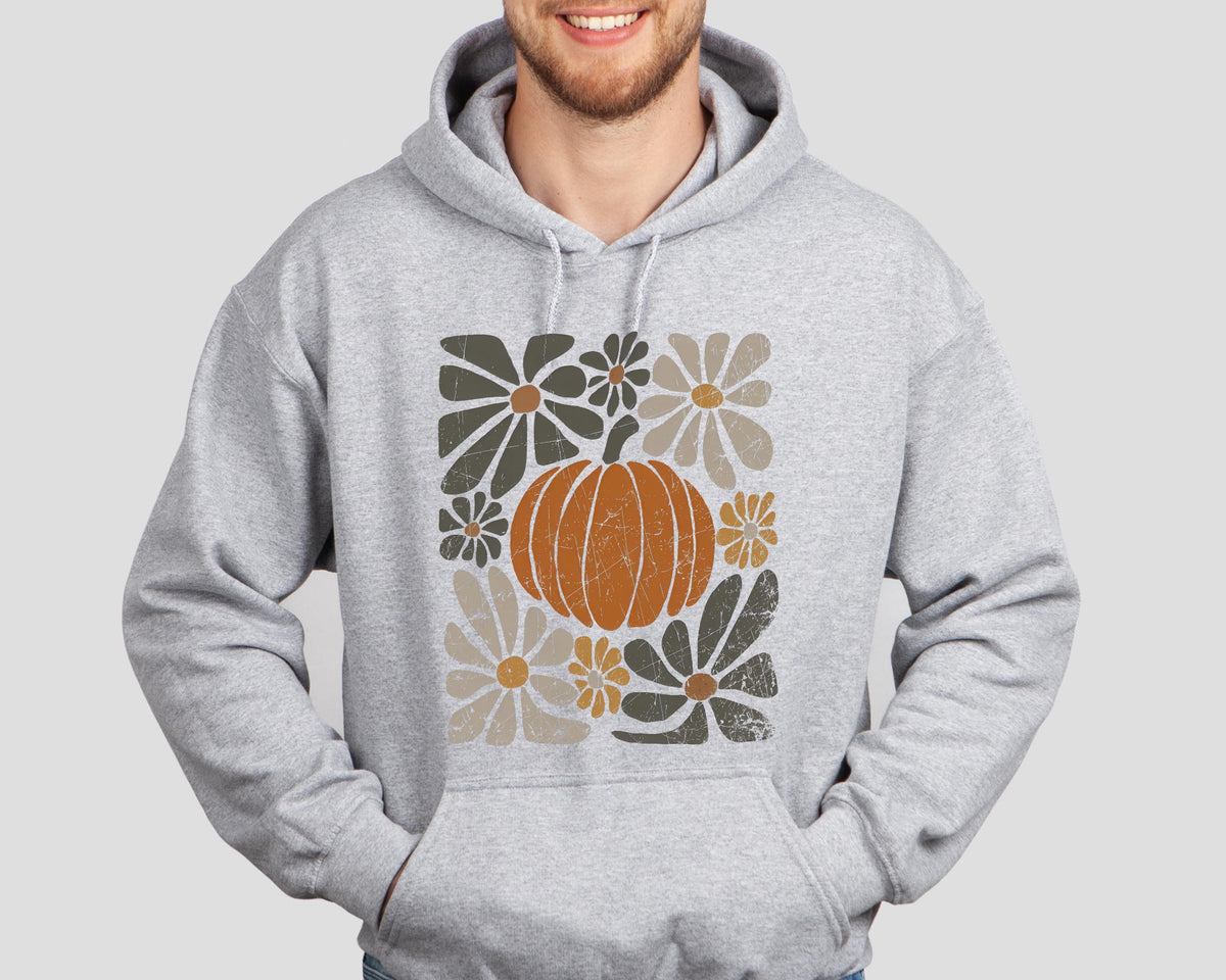 Leopard Pumpkin Floral Hoodie, Retro Boho Autumn Sweatshirt, Fall Vibes Season, Cheetah Print Pumpkin