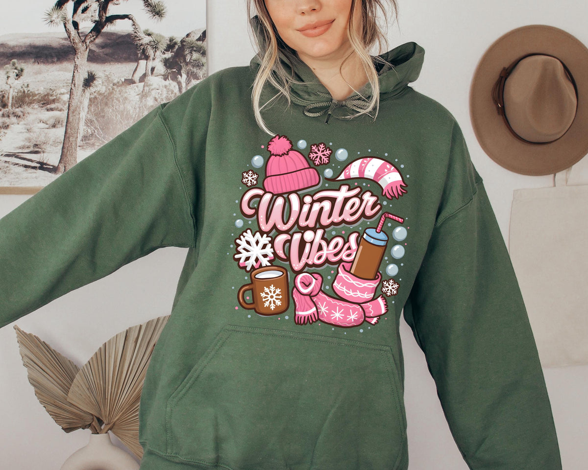 Winter Vibes Hoodie, Christmas Hoodie, Cotton Christmas Hoodie, Christmas Gifts, Funny Santa Hoodies, Pink Christmas Hoodie, Christmas Shirt
