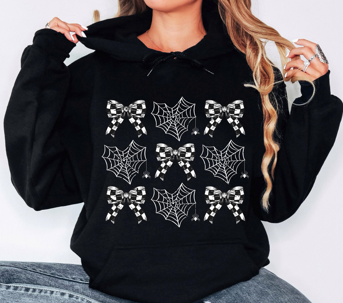 Coquette Gothic Halloween Hoodie, Spider Web Bow Design, Unisex Cotton Blend, Spooky Season Sweater