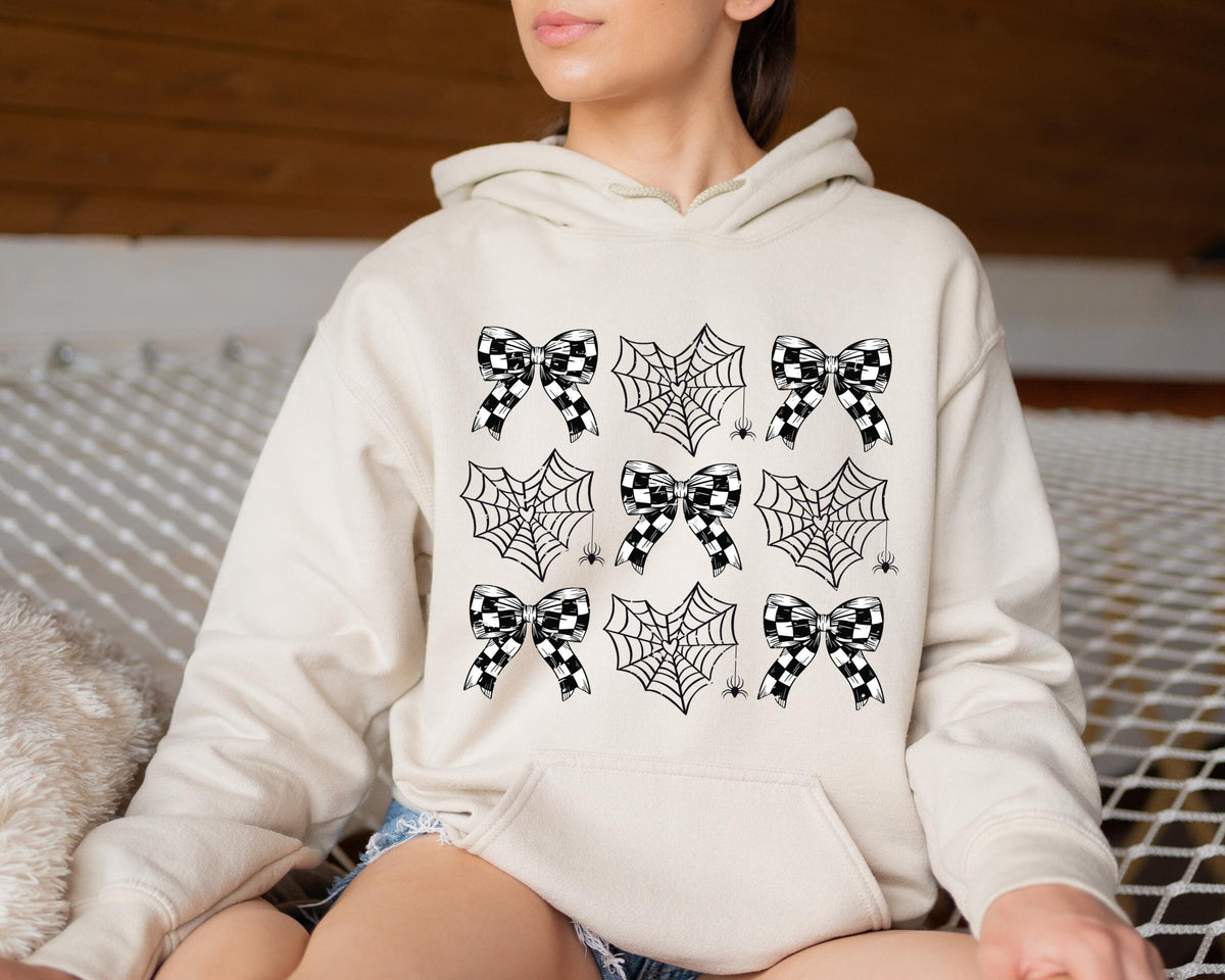 Coquette Gothic Halloween Hoodie, Spider Web Bow Design, Unisex Cotton Blend, Spooky Season Sweater
