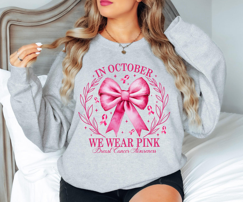 In October We Wear Pink Bow Sweatshirt, Breast Cancer Awareness Sweaater, Halloween Breast Cancer Sweater, Pink Cancer Halloween