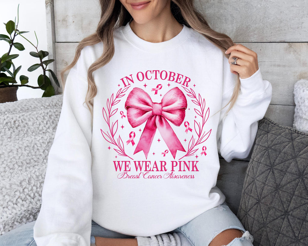 In October We Wear Pink Bow Sweatshirt, Breast Cancer Awareness Sweaater, Halloween Breast Cancer Sweater, Pink Cancer Halloween