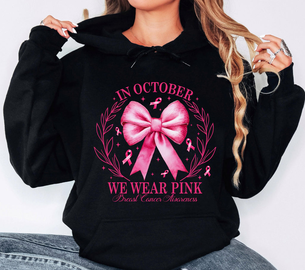 Pink Bow Breast Cancer Awareness Hoodie, October Support, Relaxed Fit (50% Cotton)
