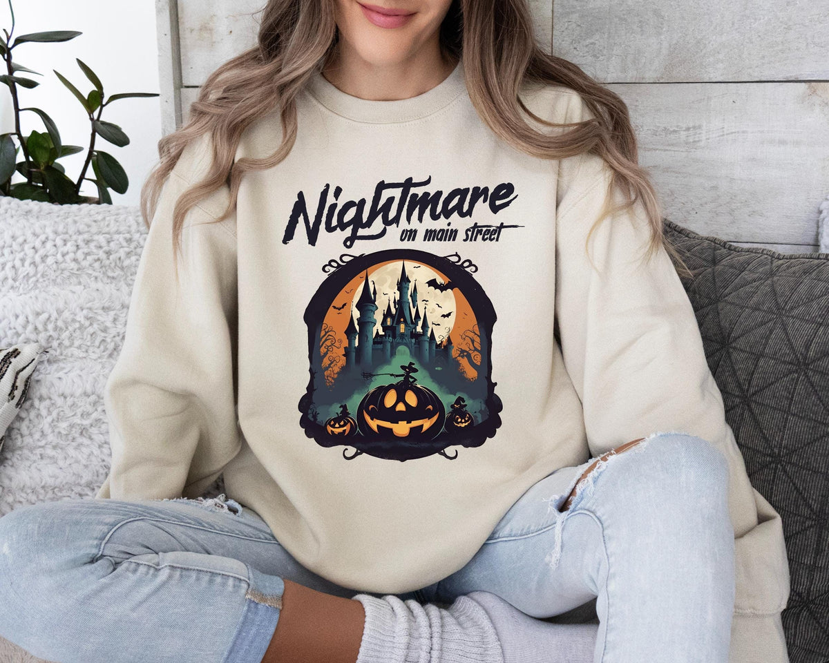 Nightmare On Main Street Sweater, Halloween Hoodies, Monster Sweater, Halloween Crewneck, Scary Halloween Shirts, Cotton Boo Sweatshirt