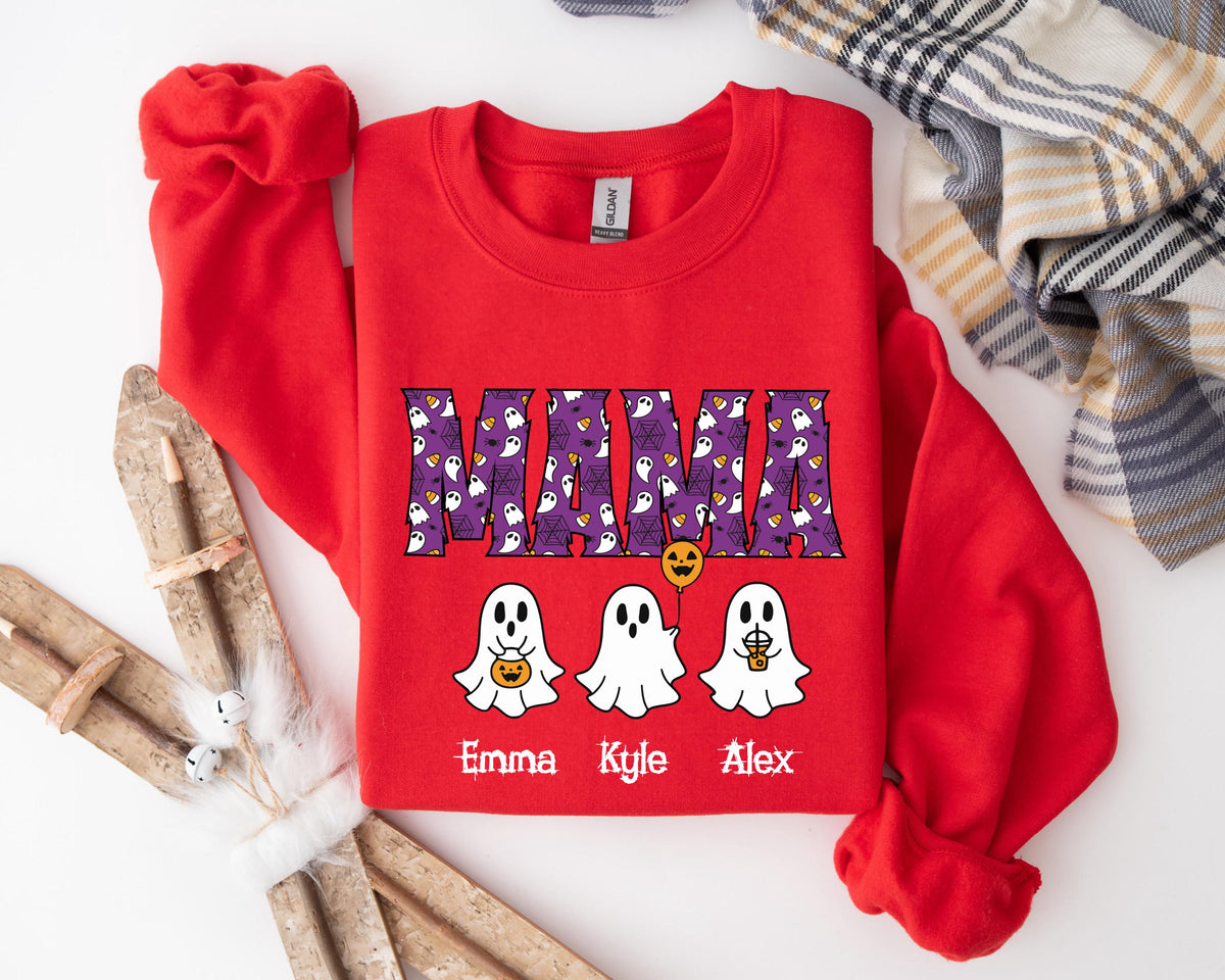 Personalized Halloween Mama Sweatshirt, Custom Family Names, Ghost Pumpkin Design