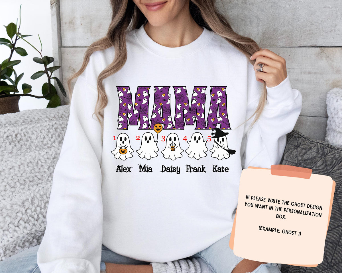 Personalized Halloween Mama Sweatshirt, Custom Family Names, Ghost Pumpkin Design