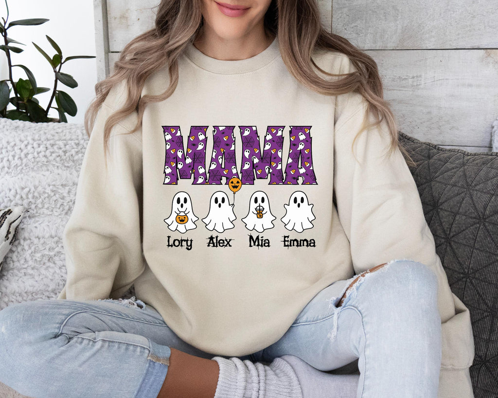 Personalized Halloween Mama Sweatshirt, Custom Family Names, Ghost Pumpkin Design