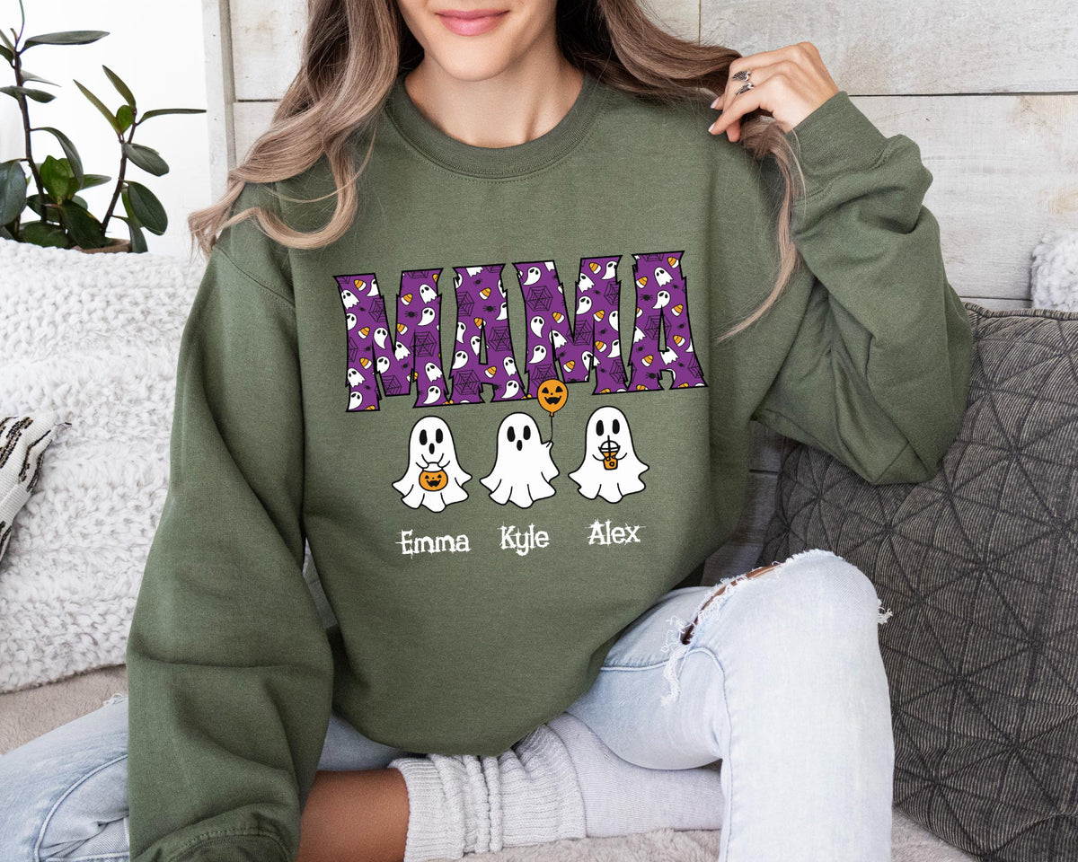 Personalized Halloween Mama Sweatshirt, Custom Family Names, Ghost Pumpkin Design