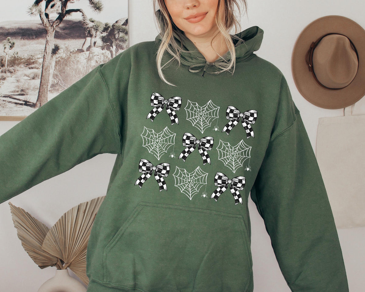Coquette Gothic Halloween Hoodie, Spider Web Bow Design, Unisex Cotton Blend, Spooky Season Sweater