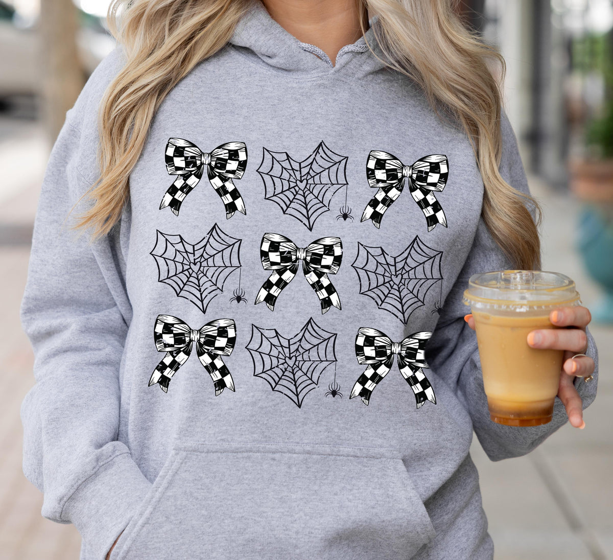 Coquette Gothic Halloween Hoodie, Spider Web Bow Design, Unisex Cotton Blend, Spooky Season Sweater