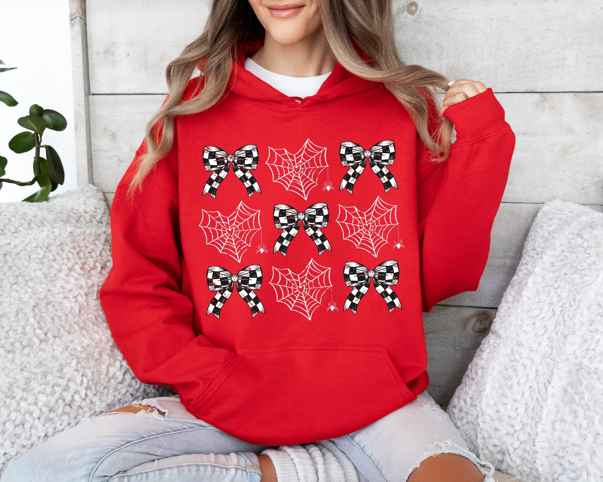 Coquette Gothic Halloween Hoodie, Spider Web Bow Design, Unisex Cotton Blend, Spooky Season Sweater