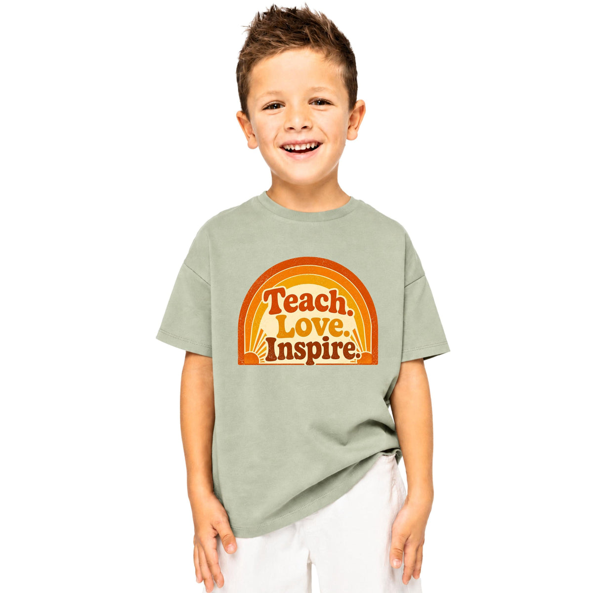 Kids Retro Rainbow Teach Love Inspire T-Shirt, Back to School Teacher Appreciation Tee