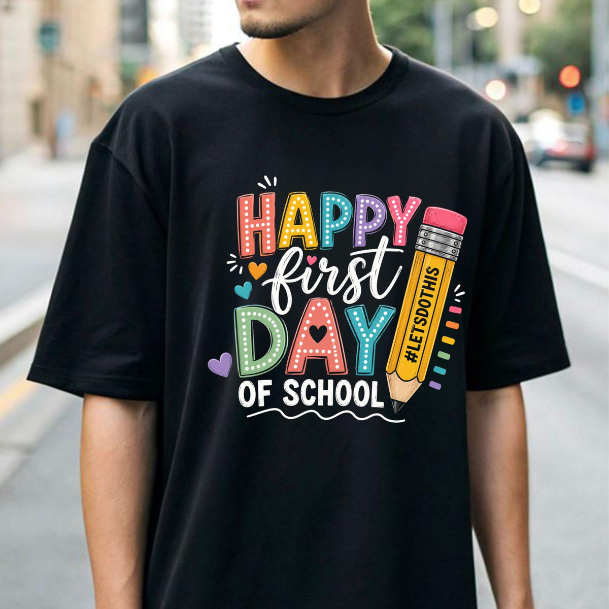 Happy First Day of School Teacher Shirt, Colorful Pencil Graphic Tee