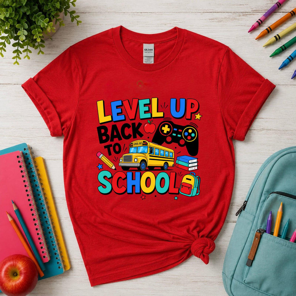 Gamer Back to School Tee, Level Up Kids Shirt, School Bus Controller Graphic