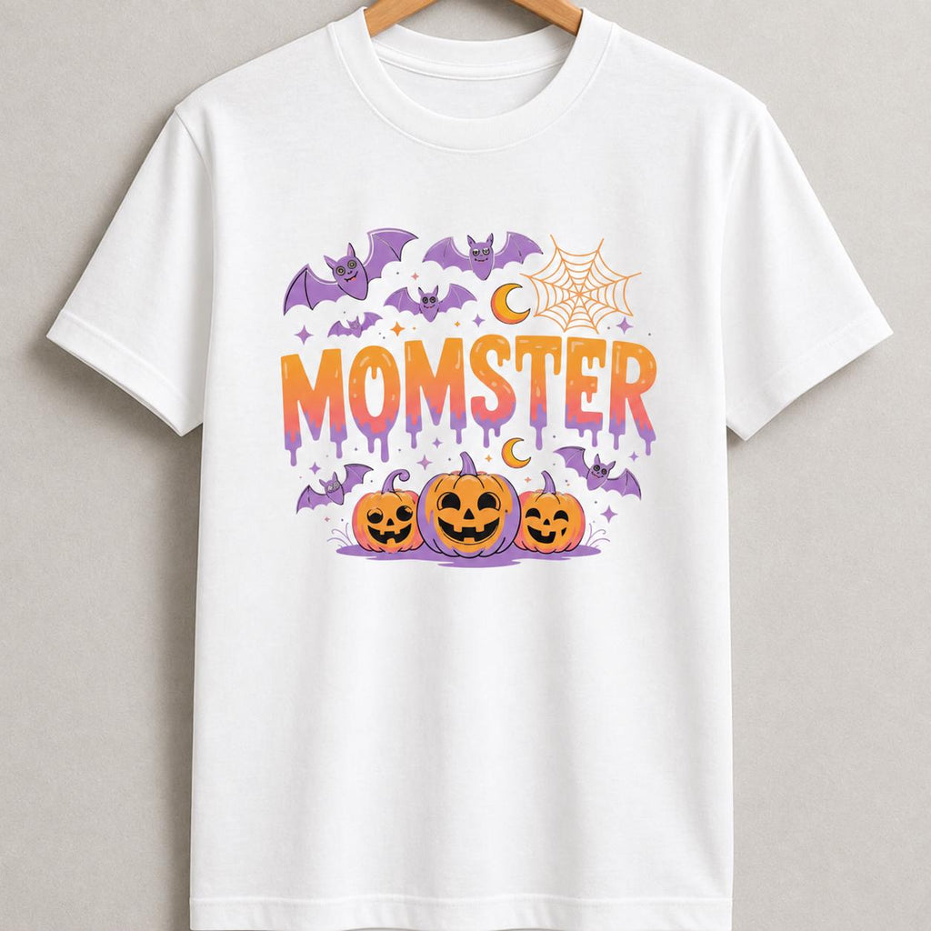 Momster Halloween Shirt, Spooky Pumpkin Bat Graphic Tee, Girls Trick Treat Apparel