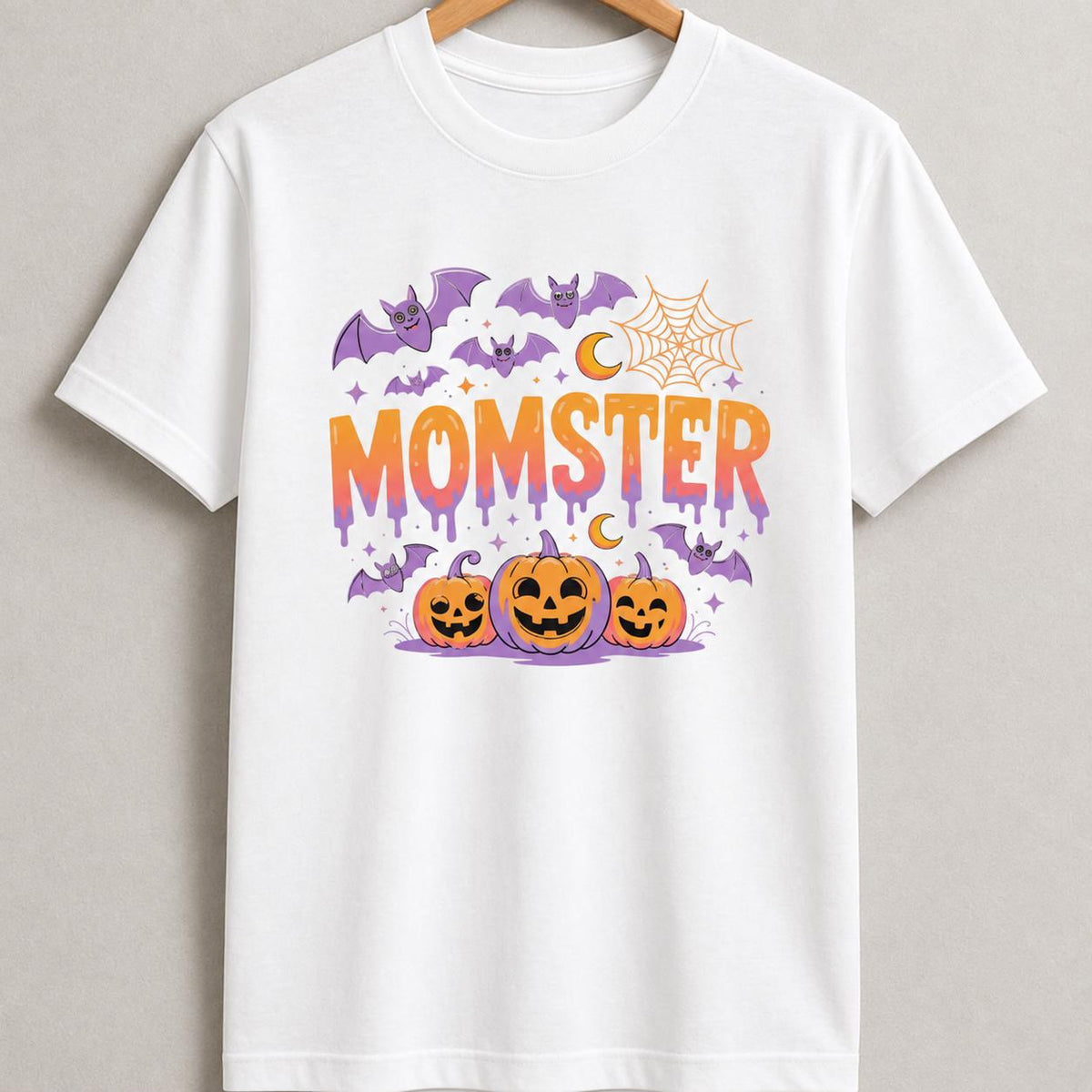 Momster Halloween Shirt, Spooky Pumpkin Bat Graphic Tee, Girls Trick Treat Apparel
