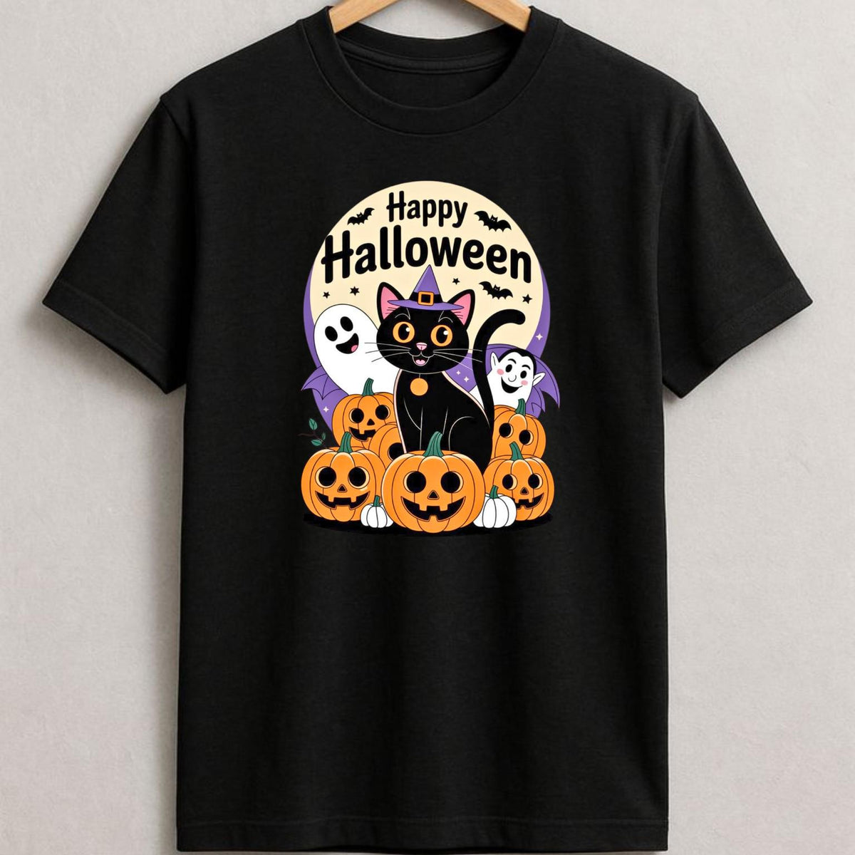 Halloween Black Cat Pumpkin T-Shirt, Spooky Season Witch Cat Tee