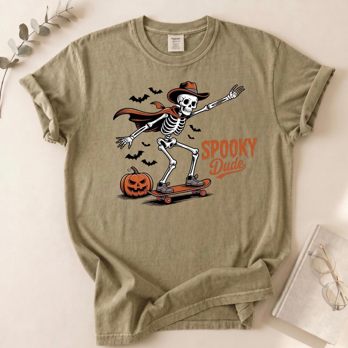 Retro Skeleton Skateboard Halloween T-Shirt, Spooky Dude Cowboy Cape Tee