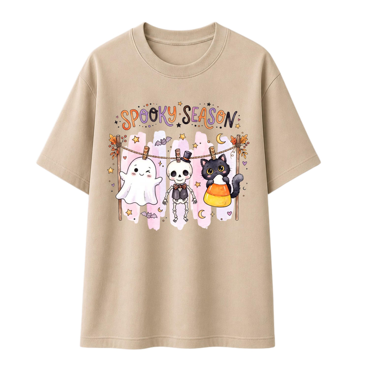 Spooky Season Ghost Skeleton Cat Halloween Shirt, Pastel Candy Corn Fall Tee