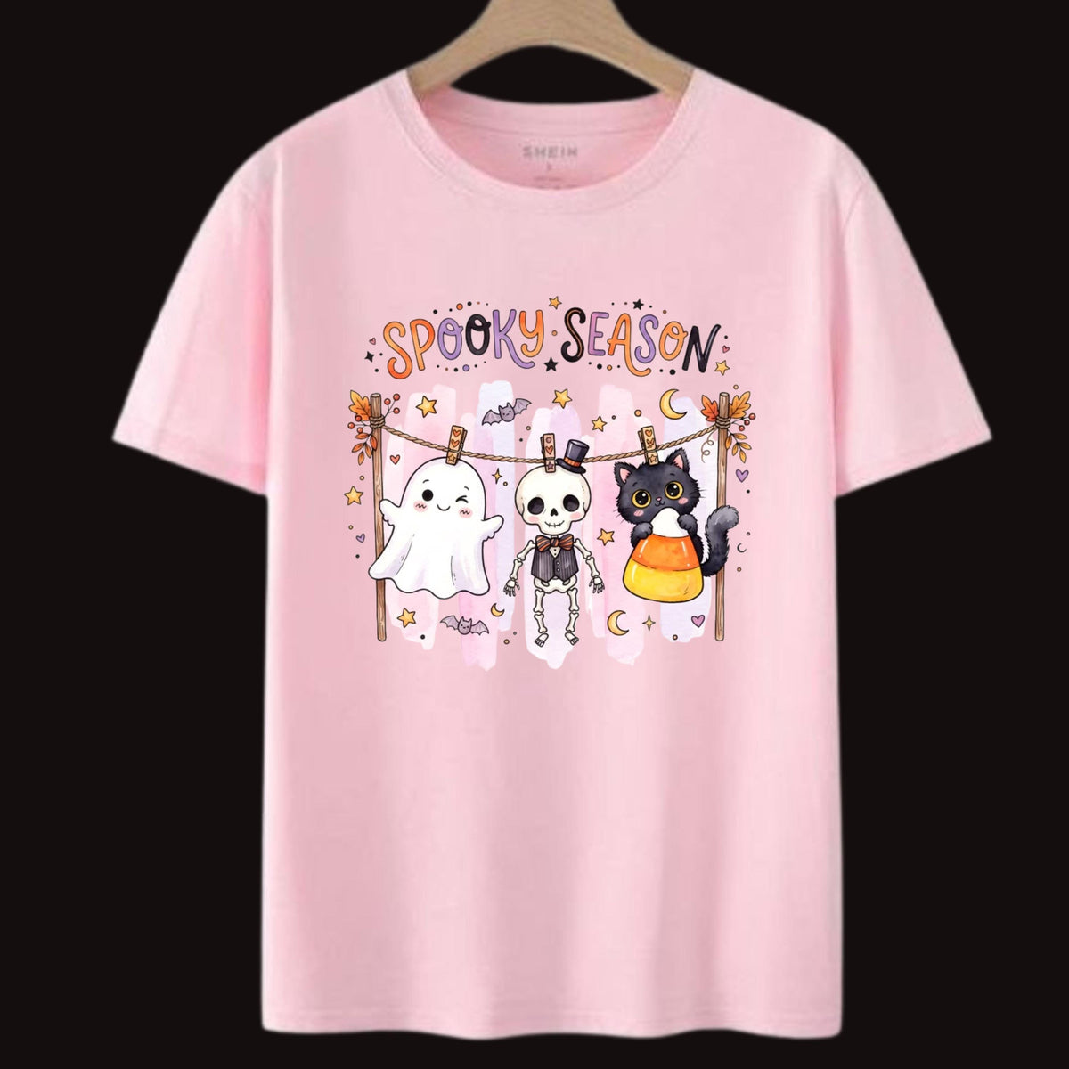 Spooky Season Ghost Skeleton Cat Halloween Shirt, Pastel Candy Corn Fall Tee