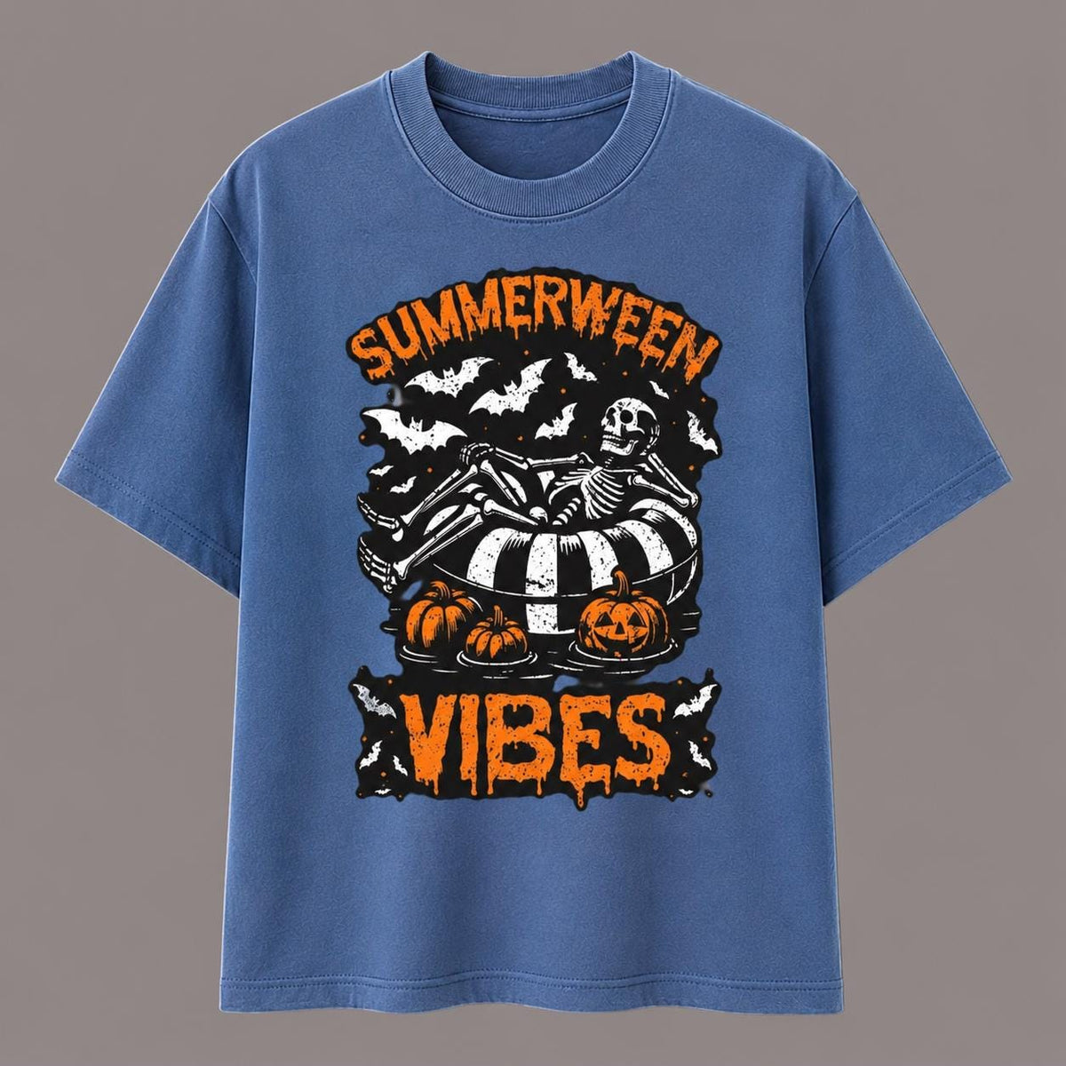Summerween Vibes Skeleton Pumpkin T-Shirt, Retro Halloween Graphic Tee
