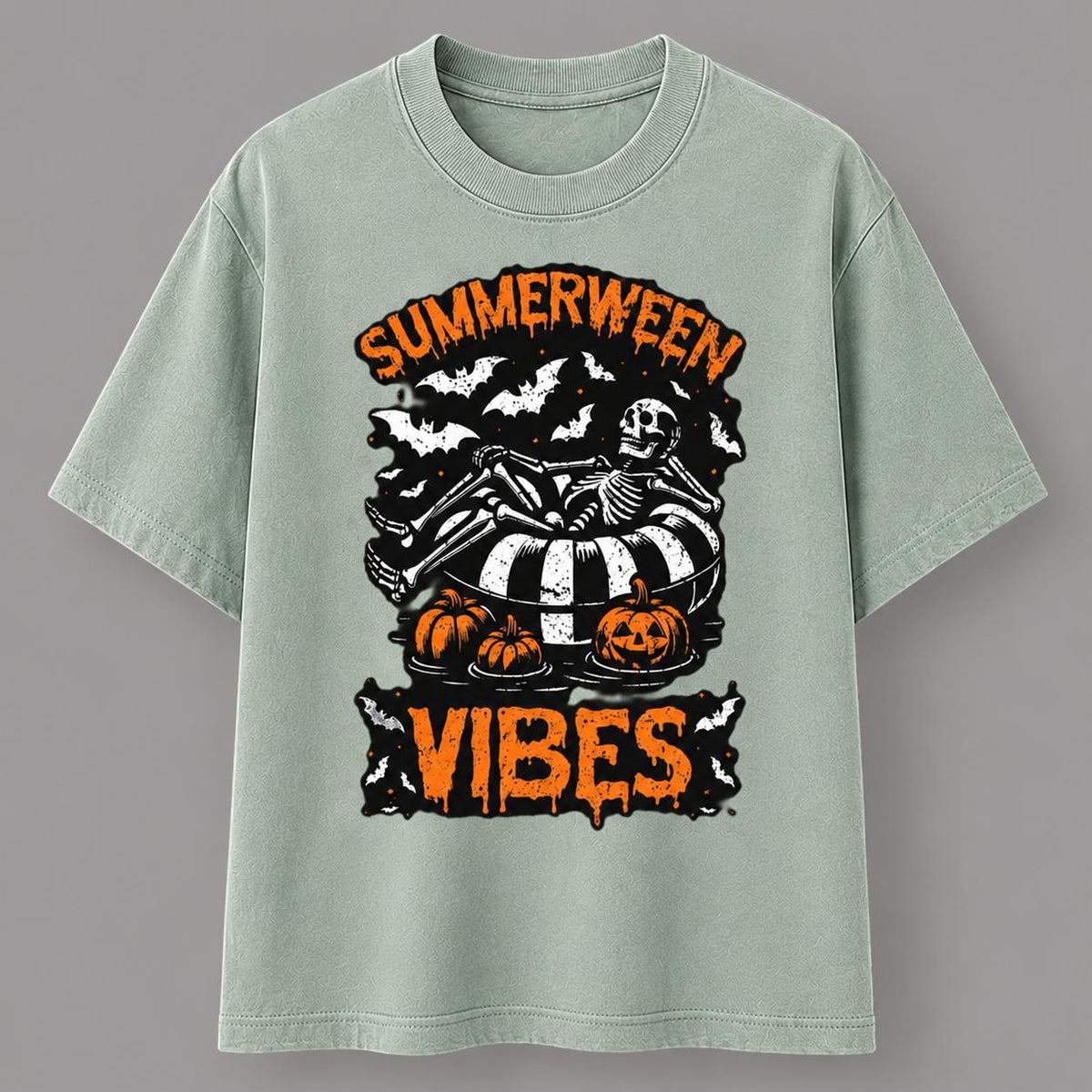 Summerween Vibes Skeleton Pumpkin T-Shirt, Retro Halloween Graphic Tee
