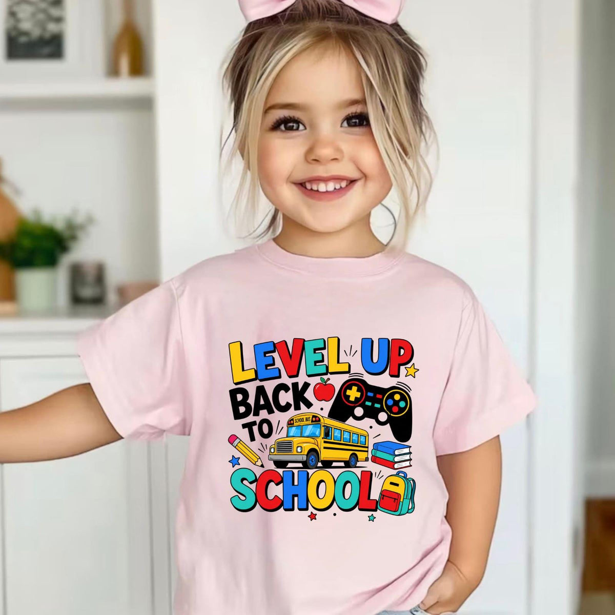 Gamer Back to School Tee, Level Up Kids Shirt, School Bus Controller Graphic