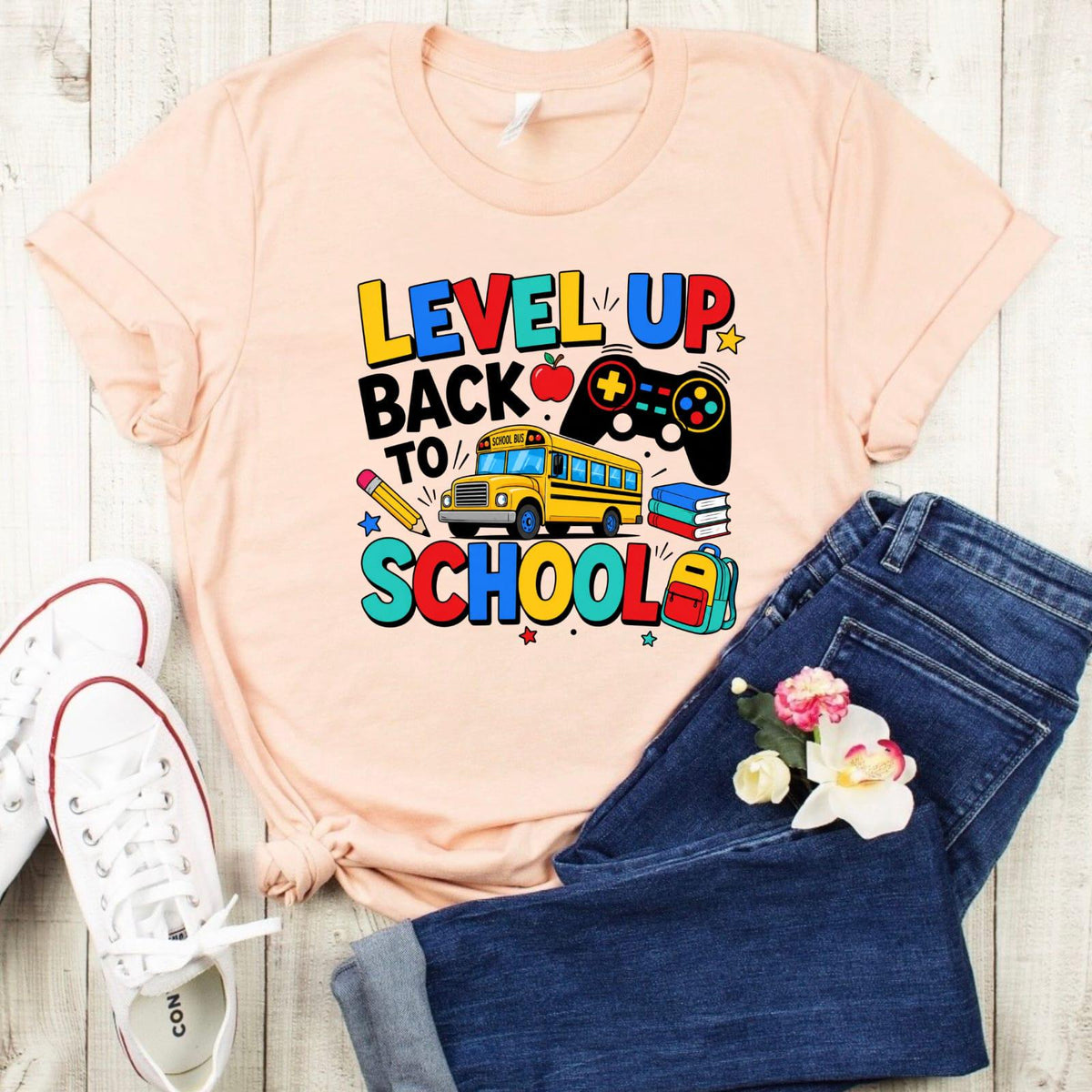 Gamer Back to School Tee, Level Up Kids Shirt, School Bus Controller Graphic