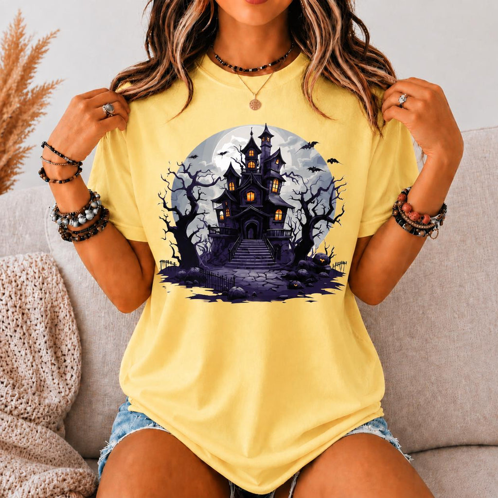Vintage Haunted House Tee, Gothic Halloween Castle Graphic Shirt, Spooky Fall Apparel