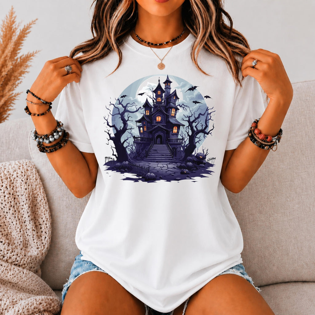 Vintage Haunted House Tee, Gothic Halloween Castle Graphic Shirt, Spooky Fall Apparel