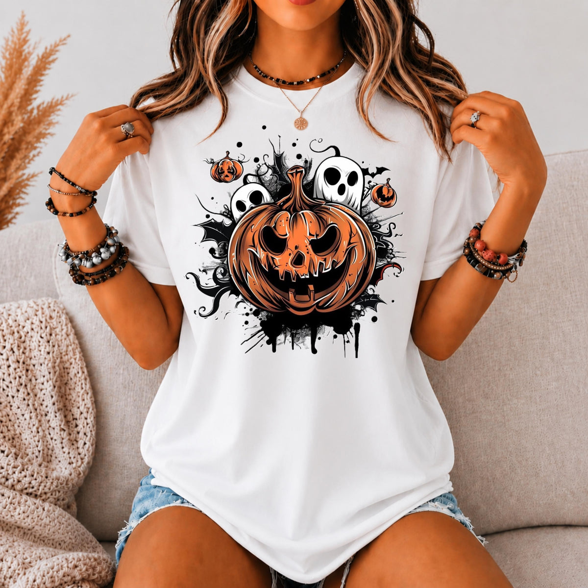 Vintage Halloween Pumpkin Ghost Shirt, Spooky Jack O Lantern Graphic Tee