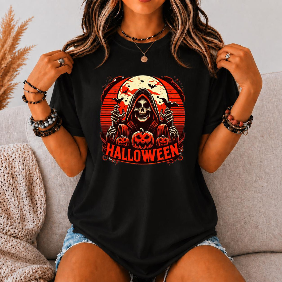 Grim Reaper Halloween Shirt, Spooky Skeleton Pumpkin Graphic Tee
