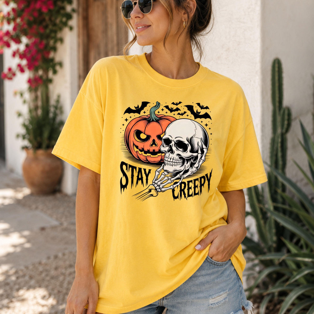 Stay Creepy Skull Pumpkin Halloween Shirt, Gothic Spooky Season Unisex Tee